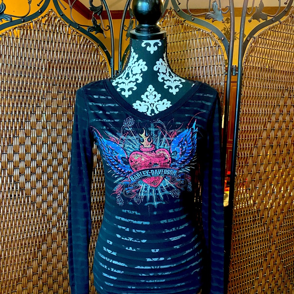 Harley Davidson long sleeve black top women’s size small w/transparent stripes